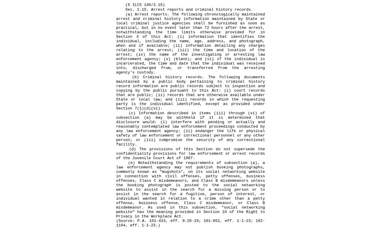 Illinois arrest-information statute page for Cass County booking records